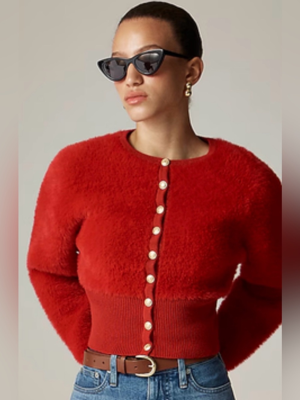 J.Crew Red Fitted-Waist Cardigan Sweater in Fuzzy Yarn Size Large